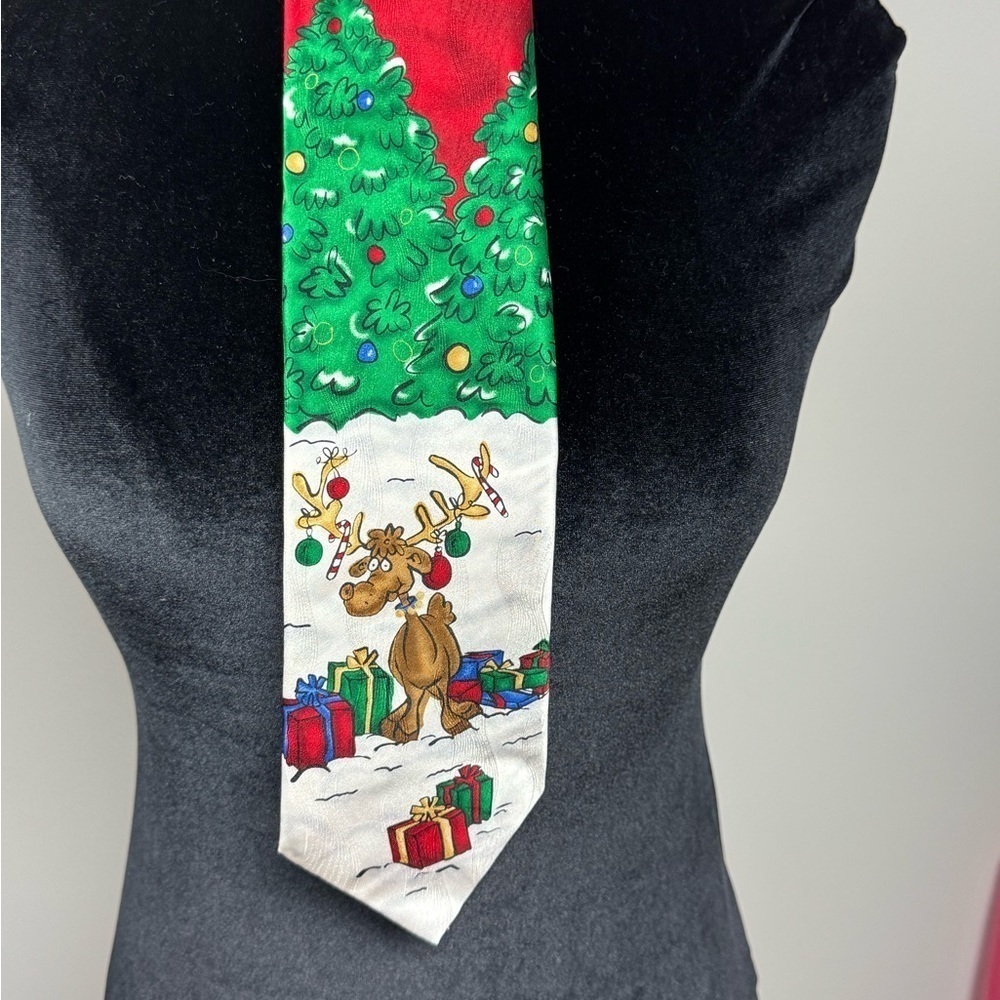 Holiday Tie with Reindeer and Christmas Tree Design